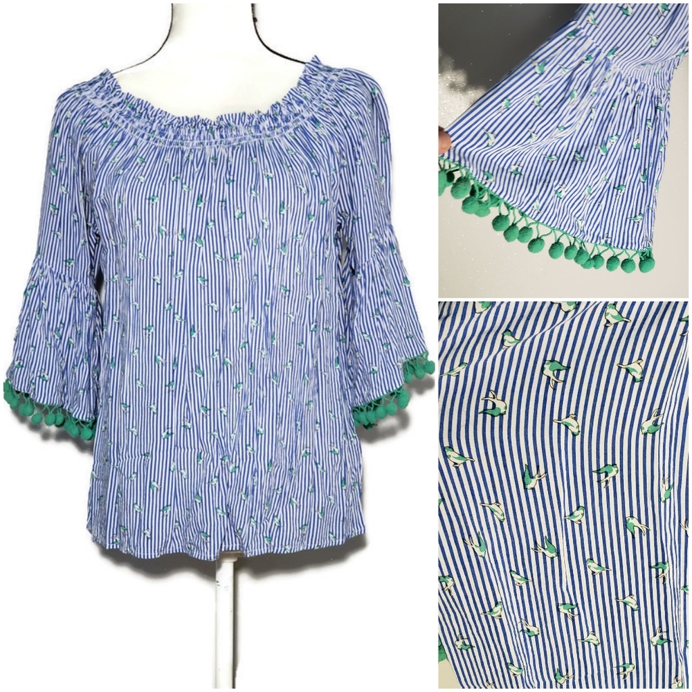 Grand & Greene Blue Striped Birds Bell Sleeve Pom